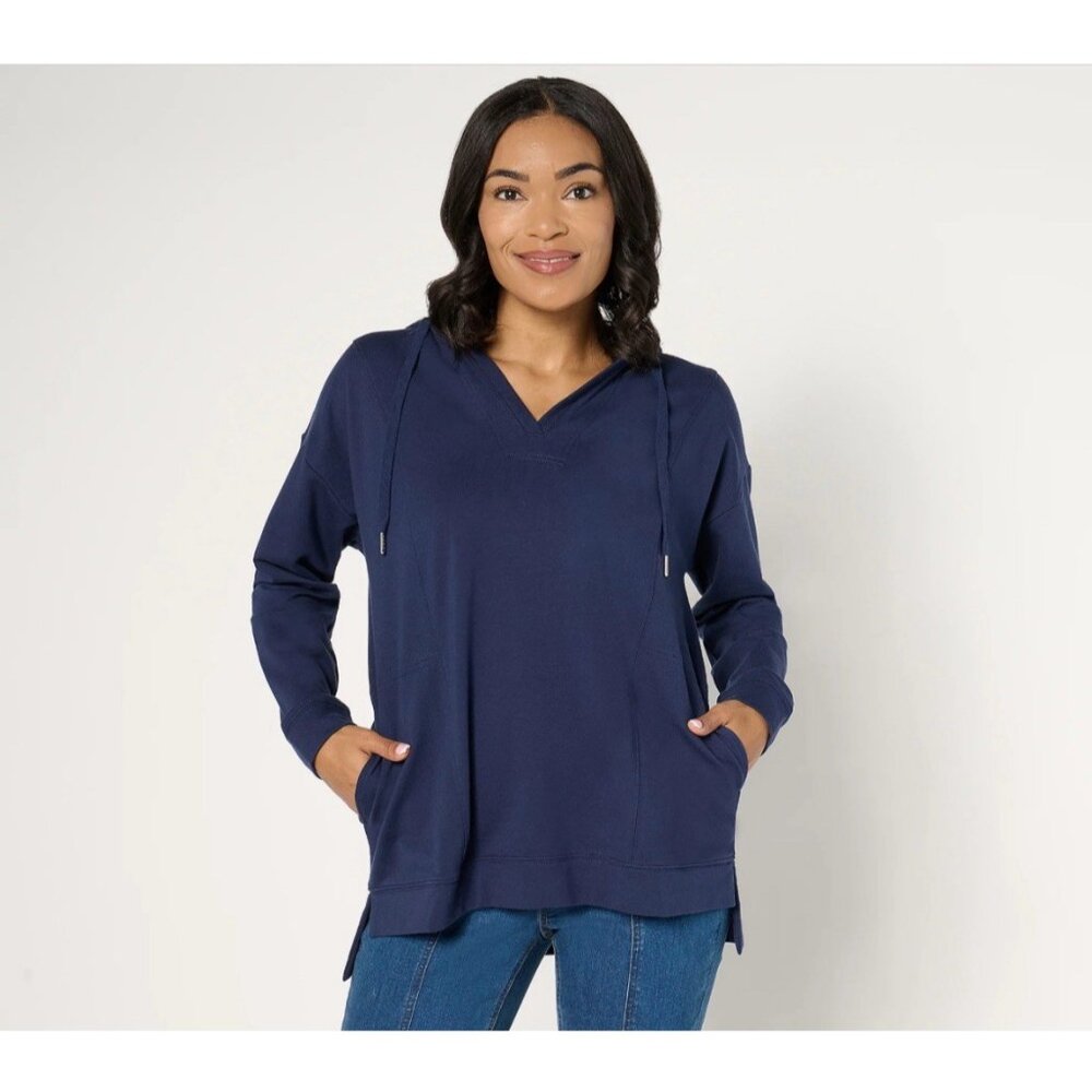 Joan Rivers French Terry Hooded V-Neck Pullover Sweater Size XS Navy A674662